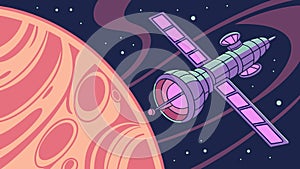 Satellite Orbiting a Distant Planet in Abstract Space, vector design Generative AI