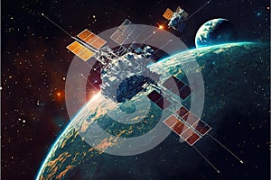 Satellite orbiting earth, futuristic technology. Generative Ai