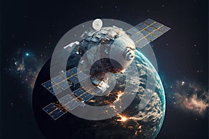 Satellite orbiting earth, futuristic technology. Generative Ai