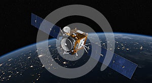 Satellite Orbiting Earth: High-Resolution 3D Render of Spacecraft in Geostationary Orbit photo