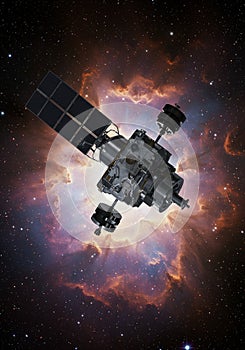 Satellite Orbiting a Red And Orange Nebula in Space