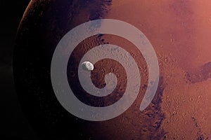 Satellite Phobos orbiting around Mars planet. 3d render