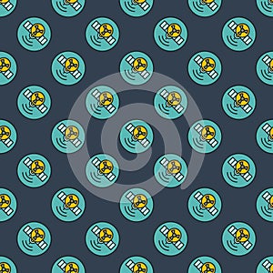 Satellite with Radiation sign vector Nuclear Weapon in Space round colored seamless pattern