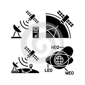 Satellite radionavigation black glyph icons set on white space