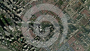 Satellite Shanghai map background loop. Spinning around China city air footage. Seamless panorama rotating over downtown backdrop