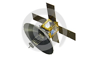 Satellite with solar panels, isolated on white background.