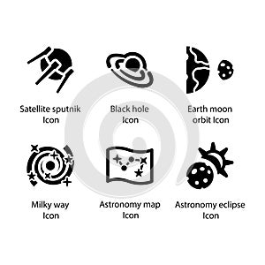 Satellite sputnik, Black hole, Earth moon orbit, Milky way, Astronomy map, Astronomy eclipse, icon