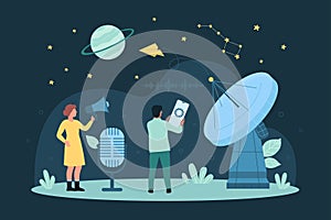 Satellite technology and communication, tiny people connect to satellite dish for message