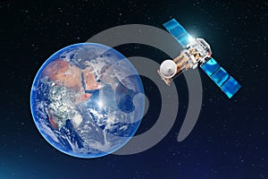 Satellite telecommunication connection, transmits radio communication on the geostationary orbit of the Earth. Against the backgro
