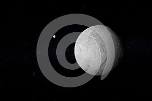 Satellite Tethys, Saturn`s moon, orbiting in the outer space