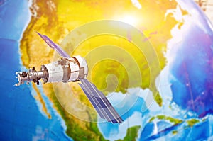 Satellite tracking communications in space over North America- Canada, USA, Mexico.