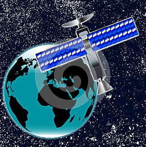 Satellite Transmition Dish In Orbit Over Earth photo
