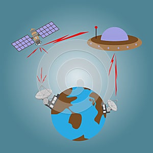 Satellite and UFO transmit signal to satellite dish