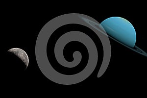 Satellite Umbriel orbiting around Uranus planet in the outer space. 3d render