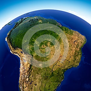Satellite view of the Amazon rainforest, map, states of South America, reliefs and plains, physical map. Forest deforestation