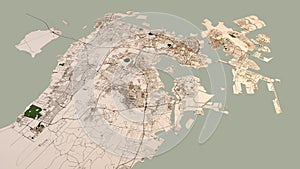 Satellite view of Bahrain. Map of the capital Manama, buildings and streets