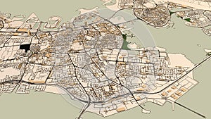 Satellite view of Bahrain. Map of the capital Manama, buildings and streets