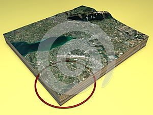 Satellite view and 3d section of the terrain, map of Geneva and Cern. Tunnel and map of the nuclear research facility photo