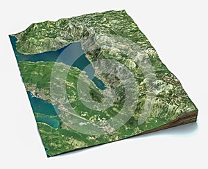 Satellite view of the largest fjord in the Mediterranean. The Bay of Kotor, Boka. 3d render. Section of the fjord. Map