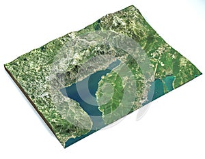 Satellite view of the largest fjord in the Mediterranean. The Bay of Kotor, Boka. 3d render. Section of the fjord. Map