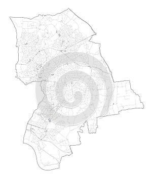 Satellite view of the London boroughs, map and streets of Havering borough. England