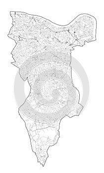 Satellite view of the London boroughs, map and streets of Southwark borough. England