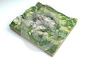 Satellite view of the Marmolada, Dolomites, mountain range of the Alps, 3d render. Alpine landscape, section of land in 3d. Italy