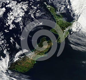 Satellite view of New Zealand from space.
