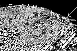 Satellite view of San Francisco, map of the city with house and building. Silhouette, black and white. Usa