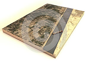 Satellite view of the Suez Canal. Reconstruction of the container ship stranded in the canal. Egypt