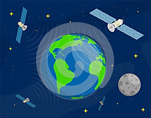 Satellites fly in orbit around planet Earth in space and transmit communication signal. Satellite communication and GPS navigation