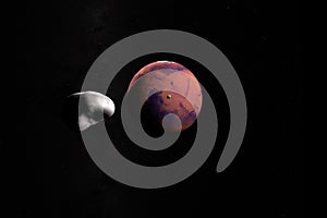 Satellites martians Phobos and Deimos orbiting around Mars planet