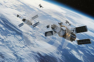 Satellites orbiting Earth while observing the vastness of outer space at daytime