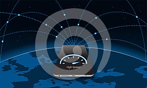 Satellites revolve around the earth and distribute the Internet to mobile phone. Satellite internet concept. Connect to