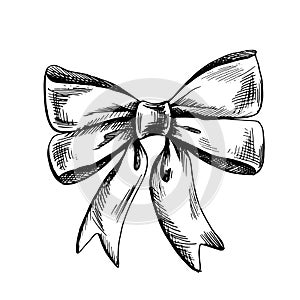Satin bow, hand drawn illustration in black ink, graphic. EPS vector. Isolated object on a white background
