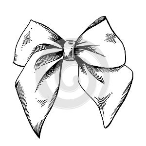 Satin bow, hand drawn illustration in black ink, graphic. EPS vector. Isolated object on a white background.