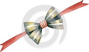 Satin green bow with white strips, on the red ribbon, watercolor vector illustration and christmas element.