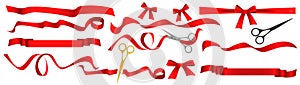 Satin red ribbon set, realistic ribbon with bow and knot, scissors cut shiny silk tape