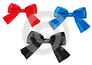 Satin ribbon gift bow set isolated on white background, realistic vector illustration for holiday design. Red, blue, black colors