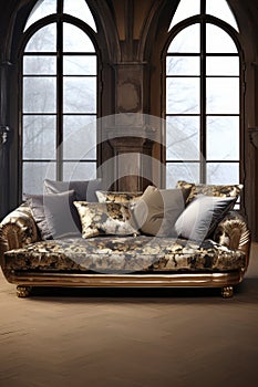 Satin sofa with pillows against the backdrop of large panoramic windows, quiet luxury concept