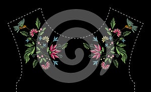 Satin stitch embroidery design with flowers and birds. Folk line floral trendy pattern for dress neckline. Ethnic photo