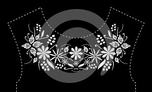 Satin stitch embroidery design with flowers. Folk line floral trendy pattern for dress neckline. Ethnic black and white