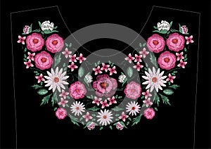 Satin stitch embroidery design with flowers. Folk line floral trendy pattern for dress neckline. Ethnic colorful fashion