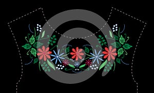 Satin stitch embroidery design with flowers. Folk line floral trendy pattern for dress neckline. Ethnic fashion ornament