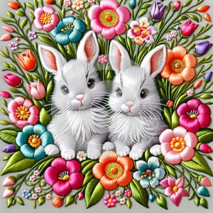 Satin stitch embroidery rabbit in flowers in garden on white background.