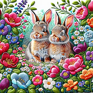 Satin stitch embroidery rabbit in flowers in garden on white background. Easter Floral print.