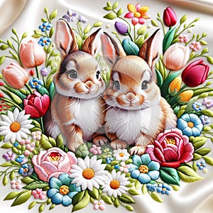 Satin stitch embroidery rabbit in flowers in garden on white background. Easter Floral print.