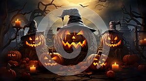 Satire Halloween Monsters Poster With Scary Pumpkins And Candles