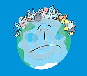 Satirical drawing of a sad planet Earth with a haircut in the form of garbage