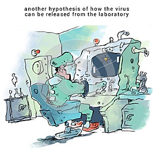 Satirical illustration, experiment during which the virus  covid-2019 escapes from laboratory